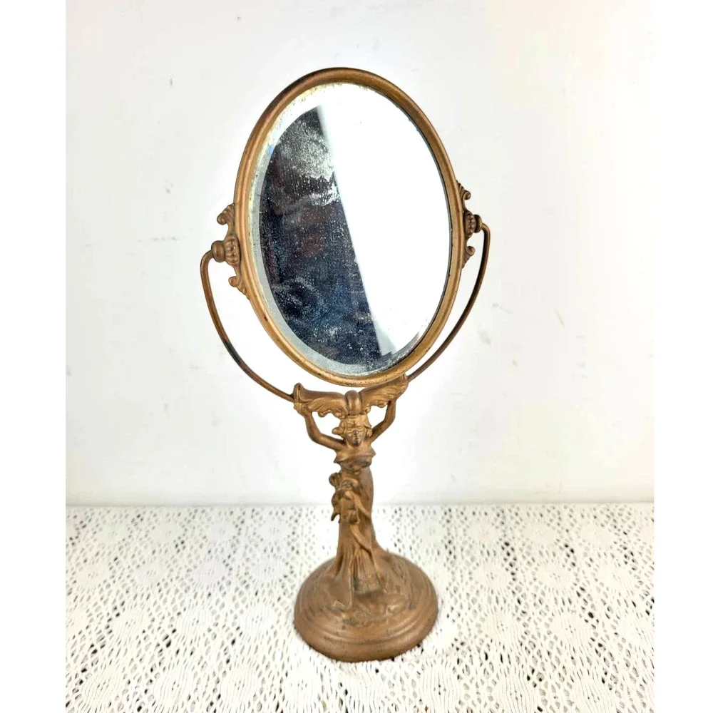 Antique 1910s Art Nouveau Woman Cast Iron or Bronze Vanity Lady Holding Mirror